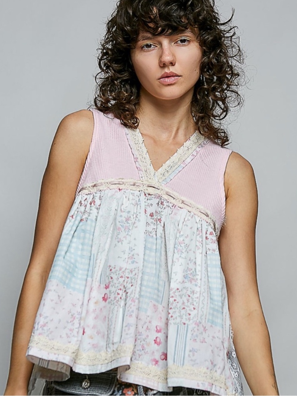 POL Pink & Pastel Floral V-Neck Patchwork Tank